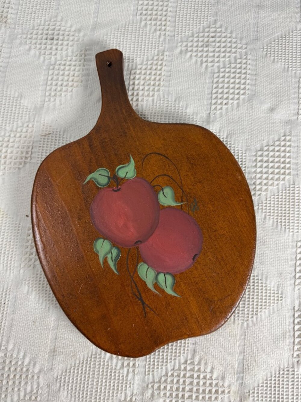 Vintage Hand Painted Wooden Cutting Board w Red Apple Design Rustic Kitchenware